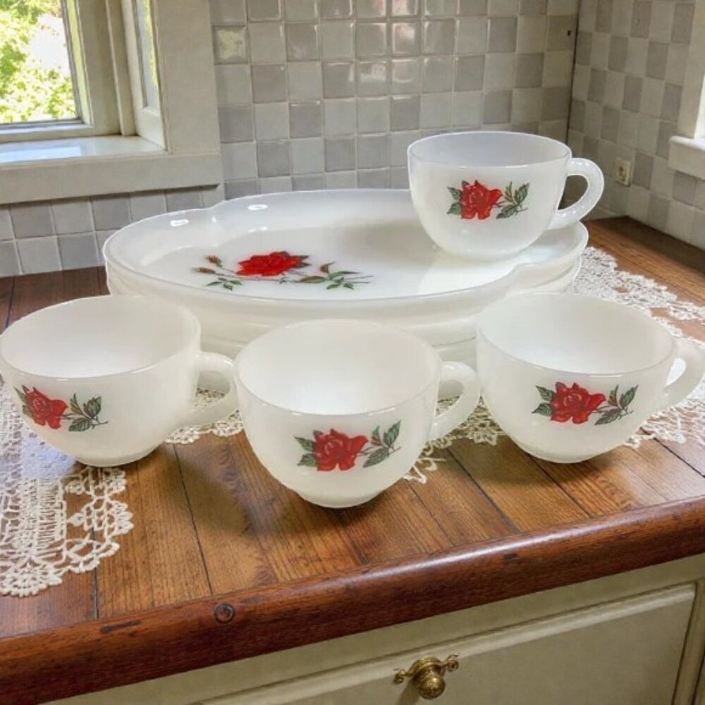 Vintage 70s Federal Milk Glass 9 Pce Rosecrest Luncheon Snack Plates and Cups